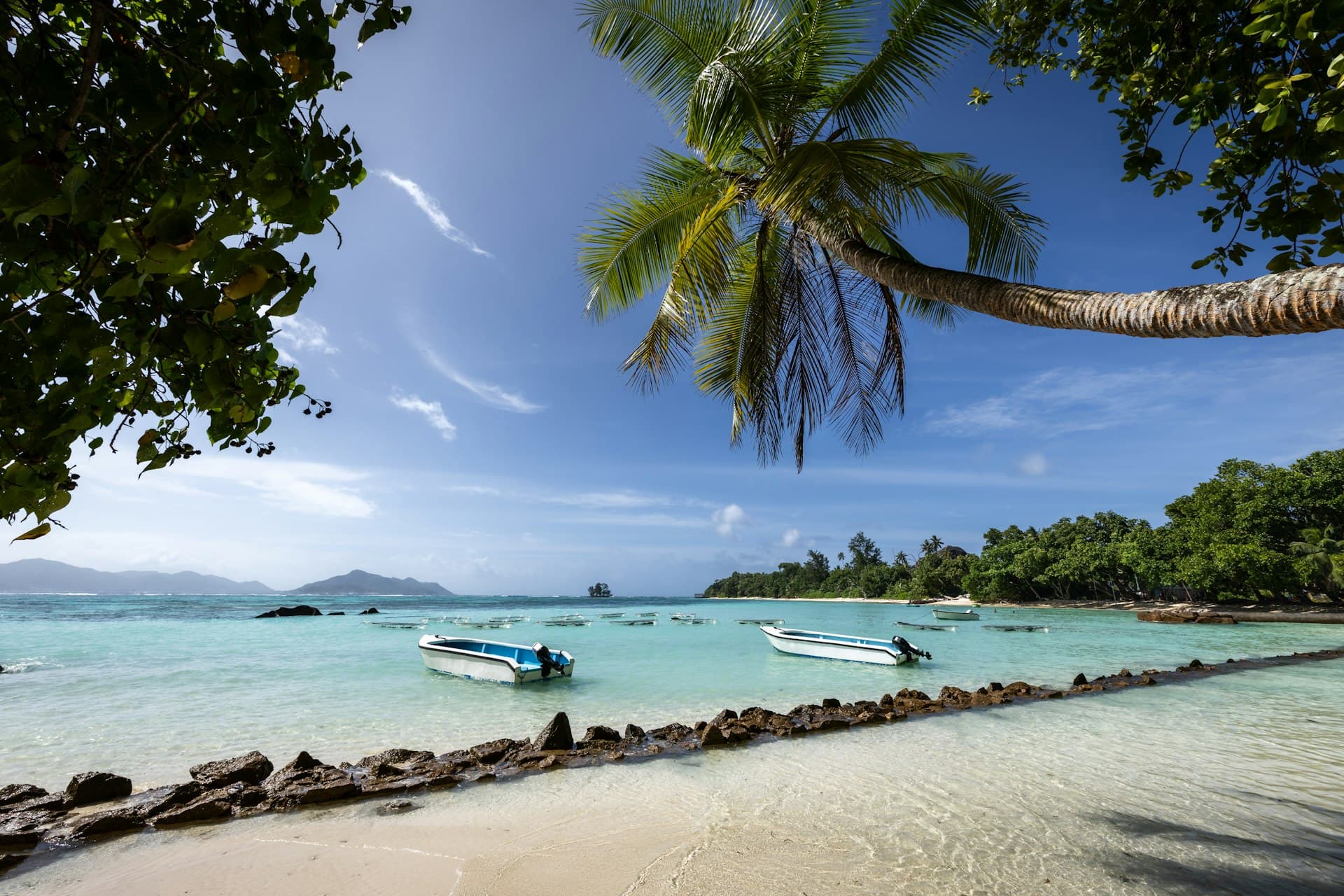 Seychelles tropical beach and boats
